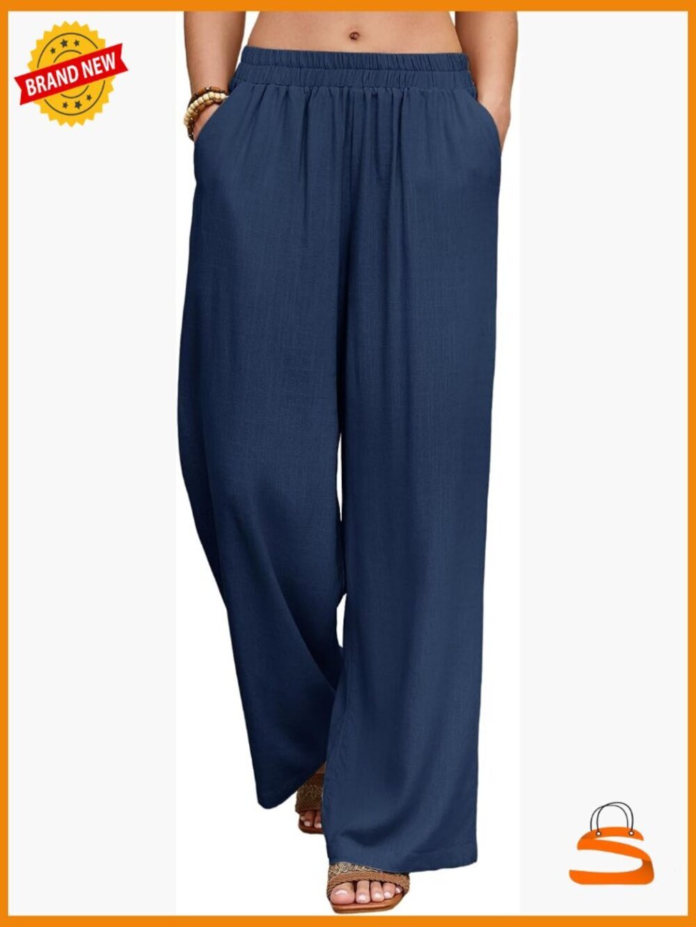 Linen Wide Leg Pants with Pockets Elastic Waist Flowy Palazzo